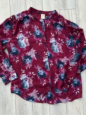 Faded Glory Burgundy Floral Button-Front Blouse